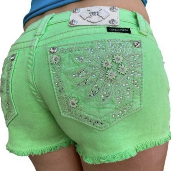 Miss Me JP5721H3 Neon Green Cutoff Denim Jean Shorts Floral Rhinestone Womens 27 - Picture 2 of 6